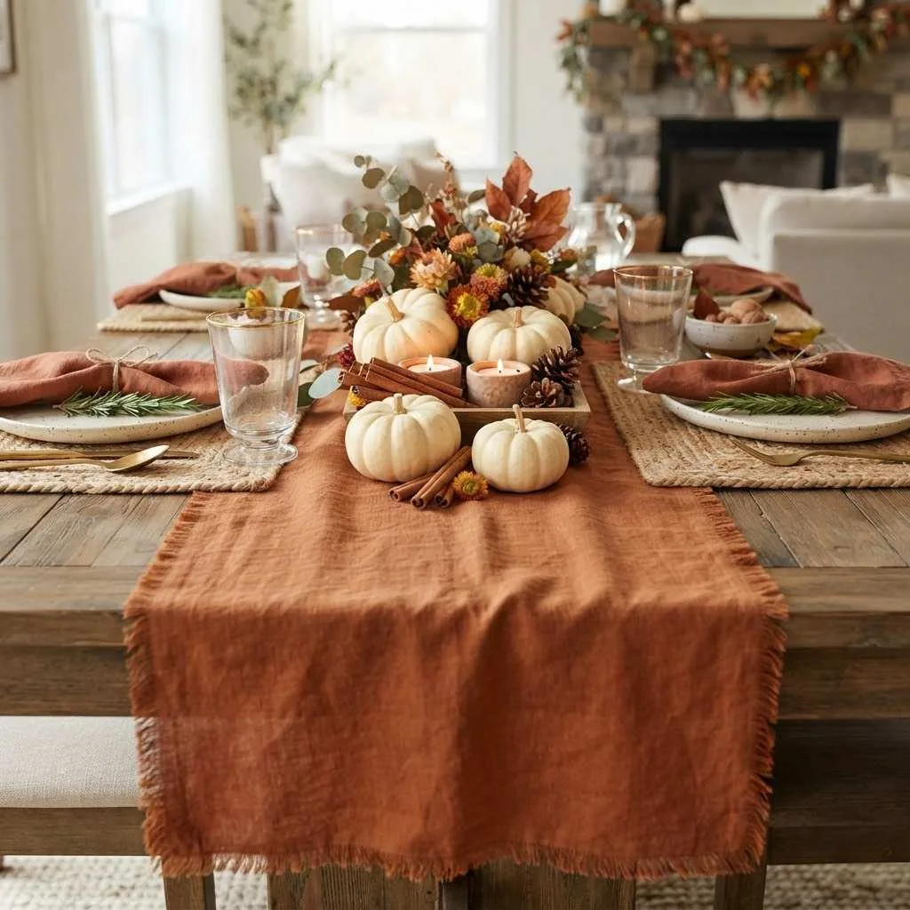 15 Beautiful Linen Table Runner Ideas to Transform Your Fall Table 11 Pumpkin Spice Colorway Runner