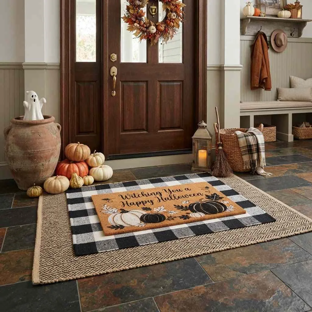 15 Spooky-Chic Halloween Mudroom Decor Ideas You'll Absolutely Love! 3 2. Pumpkin Welcome Mat Layering
