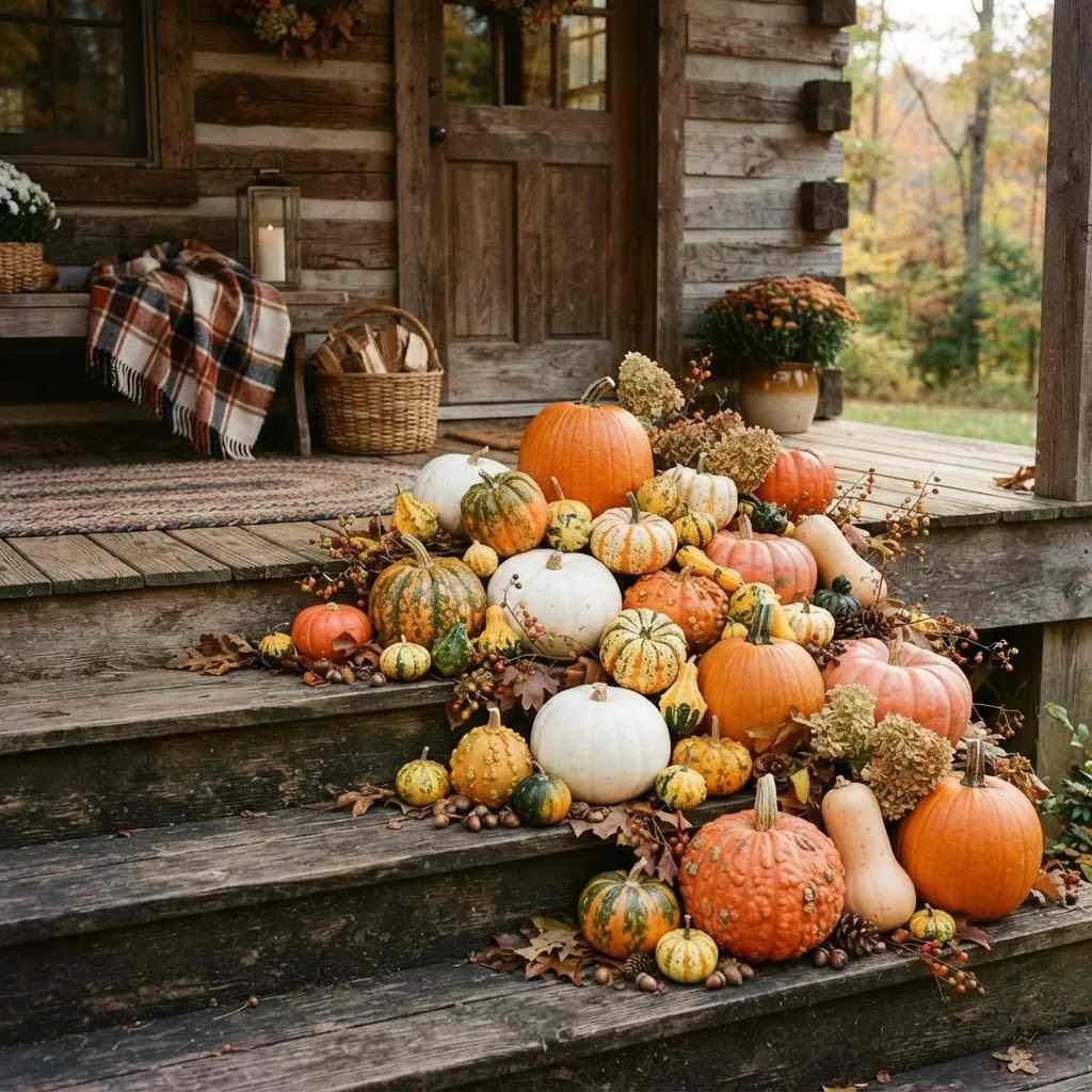 15 Fall Cabin Decor Ideas That'll Make You Never Want to Leave 3 2. Pumpkin and Gourd Displays
