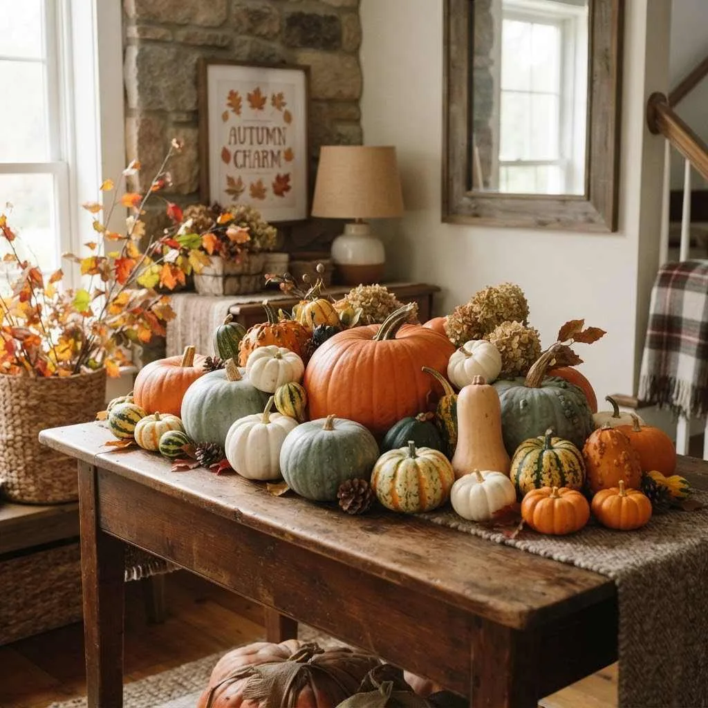 14 Cozy Fall Home Aesthetic Ideas to Transform Your Space 5 Pumpkin and Gourd Displays