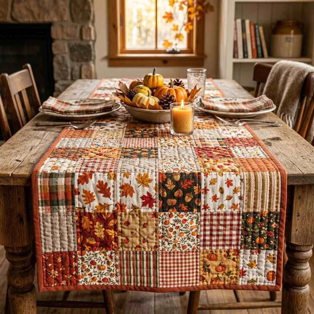 15 Beautiful Linen Table Runner Ideas to Transform Your Fall Table 16 Quilted Autumn Patchwork Runner