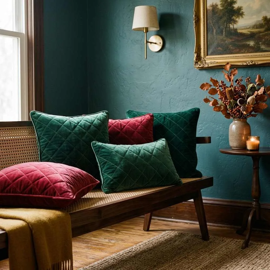 14 Velvet Pillow Fall Decor Ideas to Cozy Up Your Home 8 7. Quilted Velvet Diamond Pattern