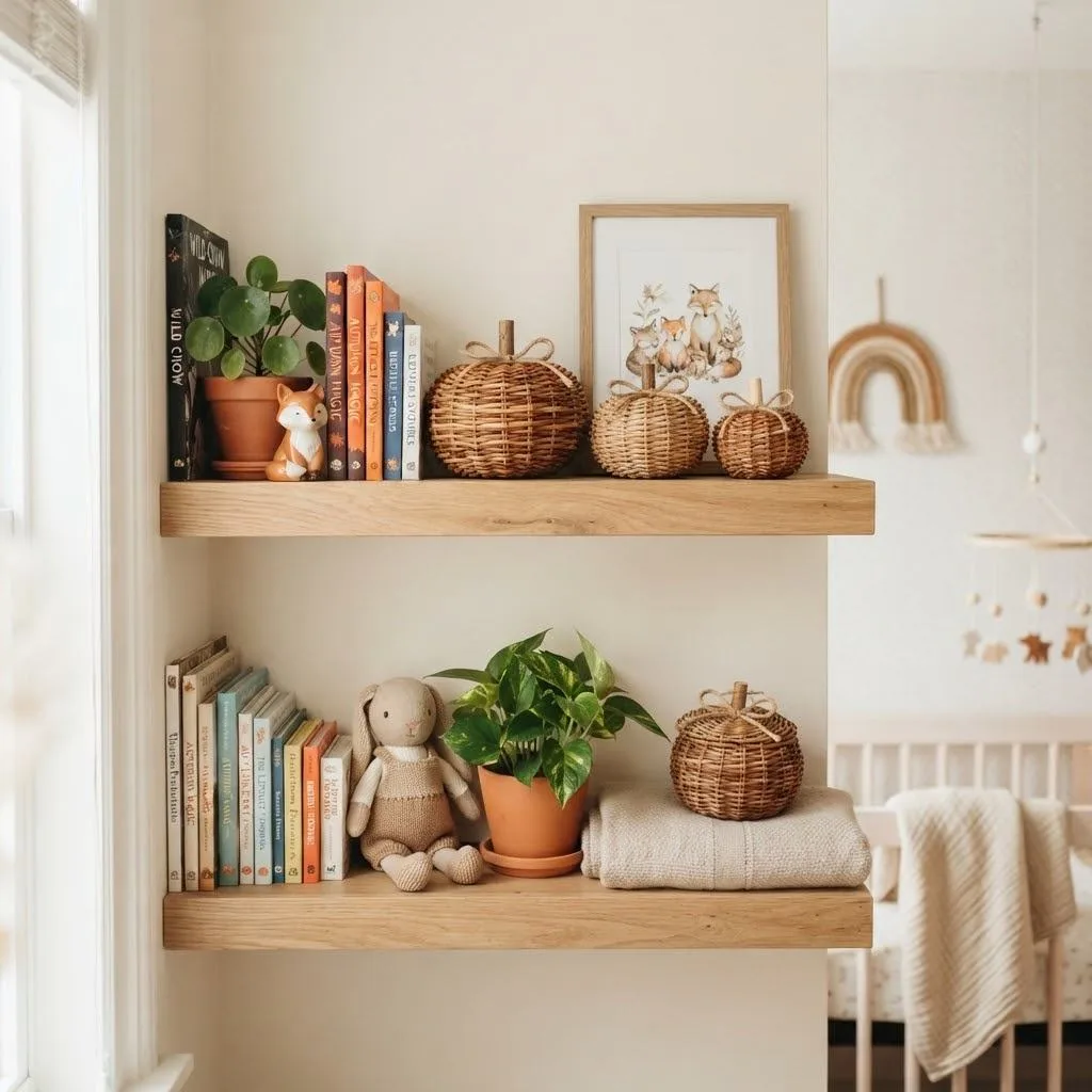 14 Halloween Nursery Neutral Decor Ideas You'll Love 15 Rattan Pumpkin Accents on Shelving