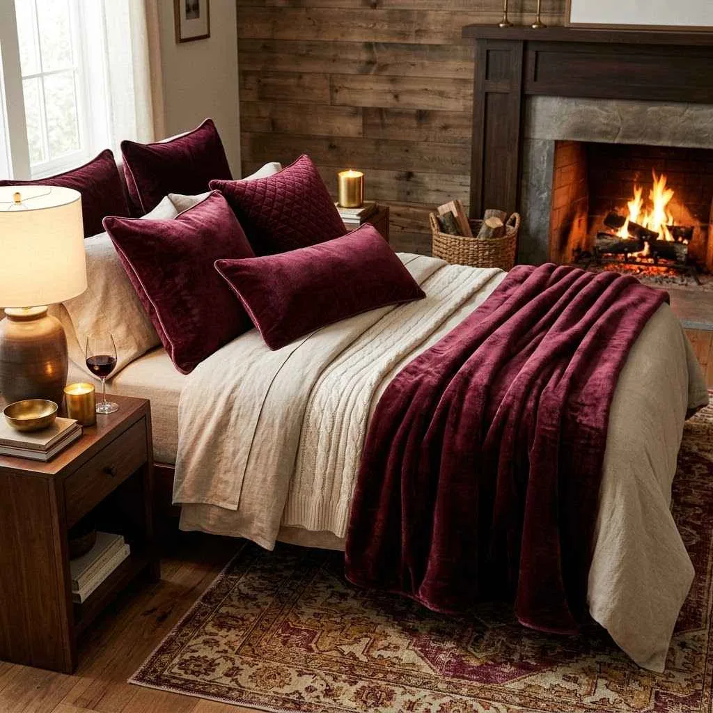 14 Velvet Pillow Fall Decor Ideas to Cozy Up Your Home 4 3. Rich Burgundy Velvet Throws