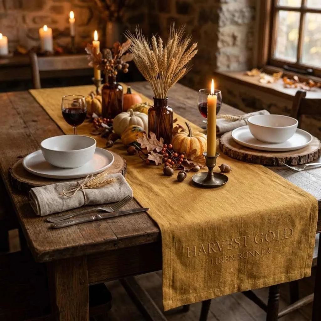 15 Beautiful Linen Table Runner Ideas to Transform Your Fall Table 2 Linen Fall Table Runner Ideas Rustic Harvest Gold Runner