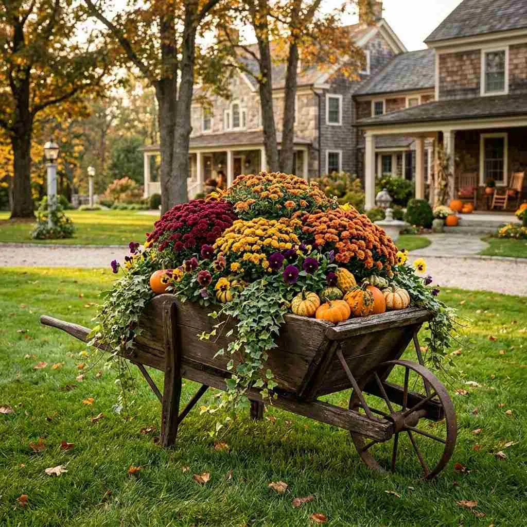 15 Fall Planter Ideas to Cozy Up Your Porch This Season 4 Rustic Wheelbarrow Display
