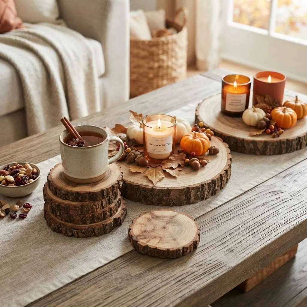 14 Rustic Fall Decor Ideas to Cozy Up Your Home This Season 13 Rustic Wood Slice Coasters and Accents
