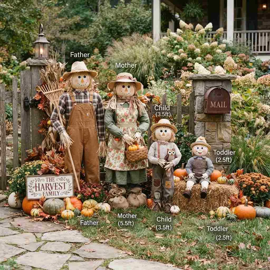 15 Fall Outdoor Decor Ideas to Transform Your Porch and Yard 8 Scarecrow Family Display