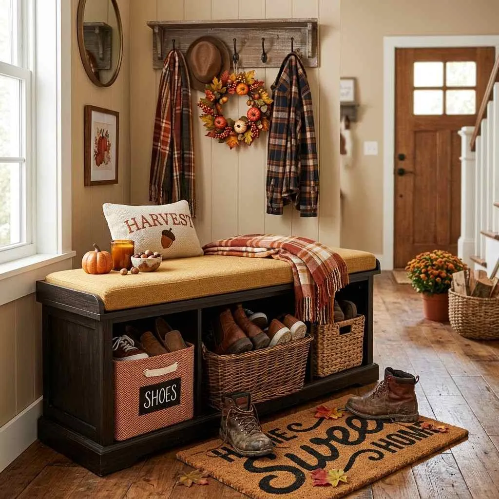 15 Fall Entryway Ideas to Warm Up Your Welcome 16 15. Seasonal Shoe Storage with Style