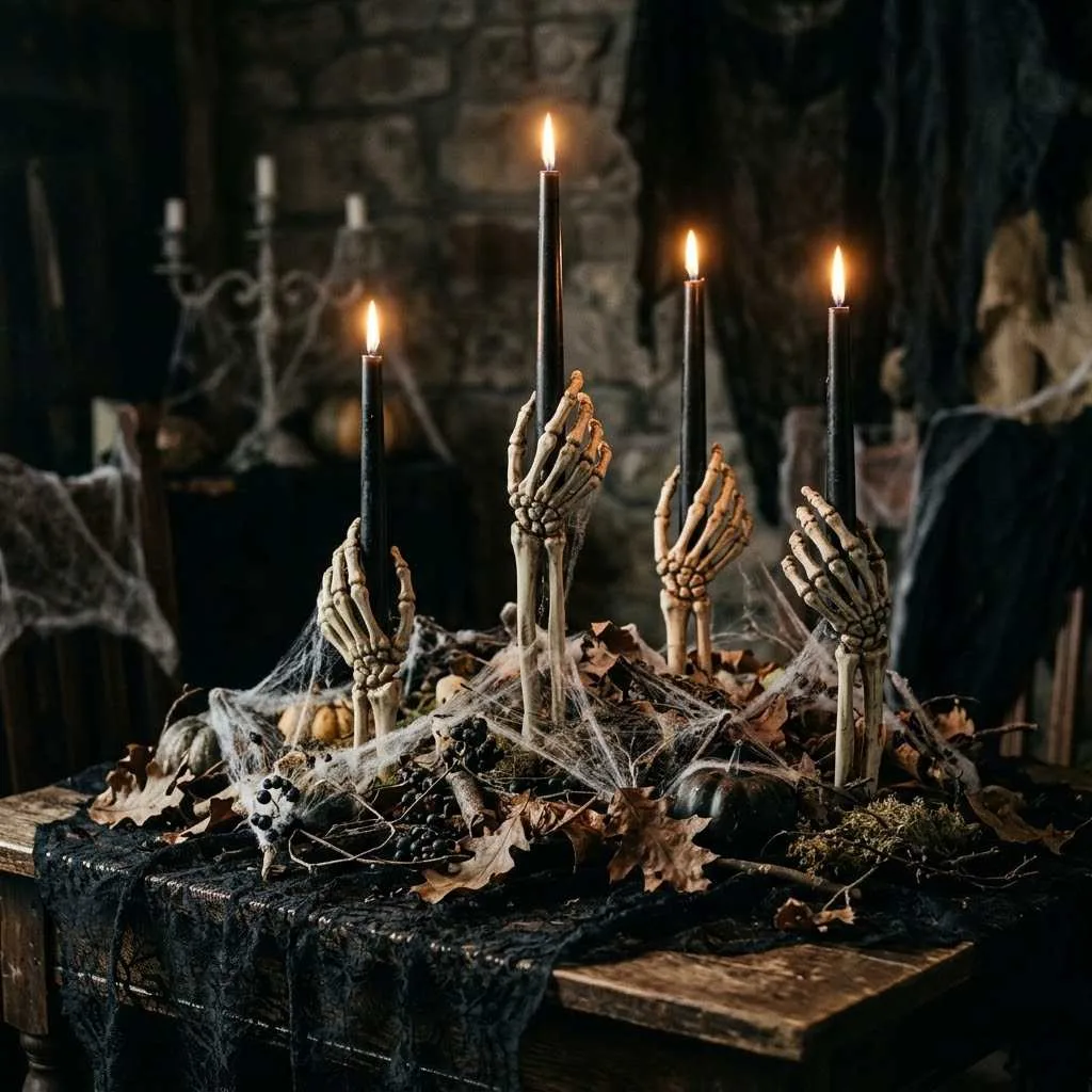 15 Spooktacular Halloween Table Centerpiece Ideas 5 Skeleton Hand Candle Holders