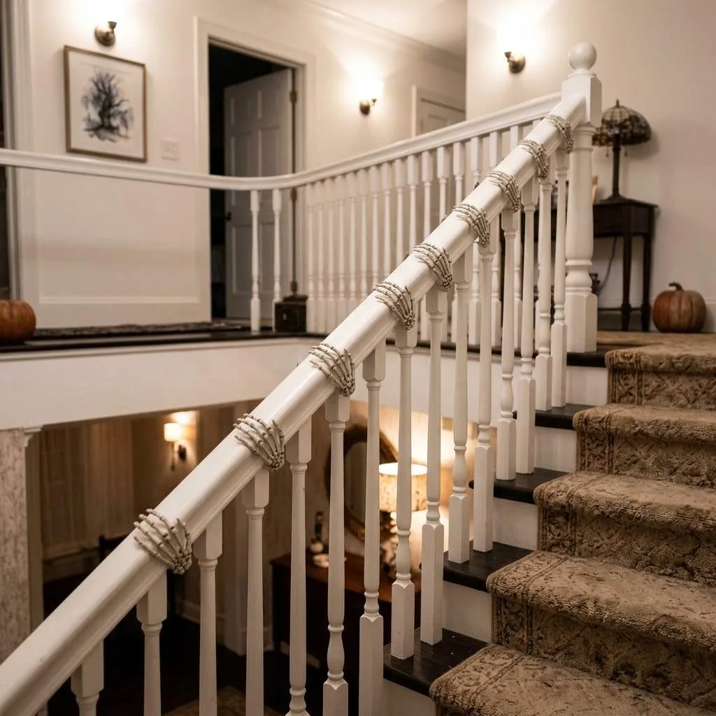 15 Halloween Staircase Decor Ideas That Will Steal the Show 5 4. Skeleton Hand Railing Accents