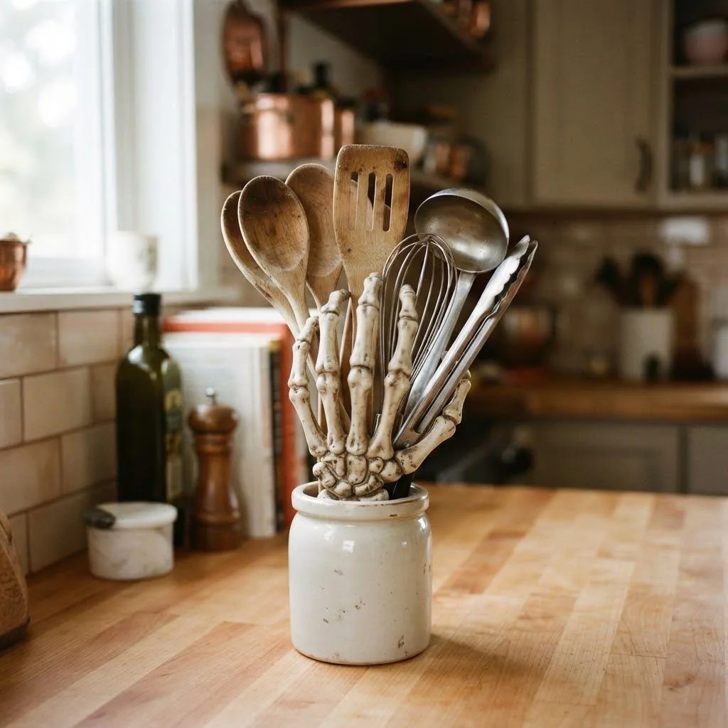 15 Halloween Kitchen Decor Ideas to Try This Year 7 6. Skeleton Hand Utensil Holder
