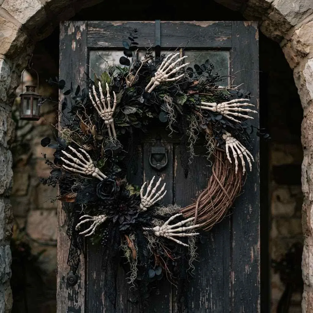 14 Halloween Wreath Ideas to Transform Your Front Door 3 2. Skeleton Hands Reaching Wreath
