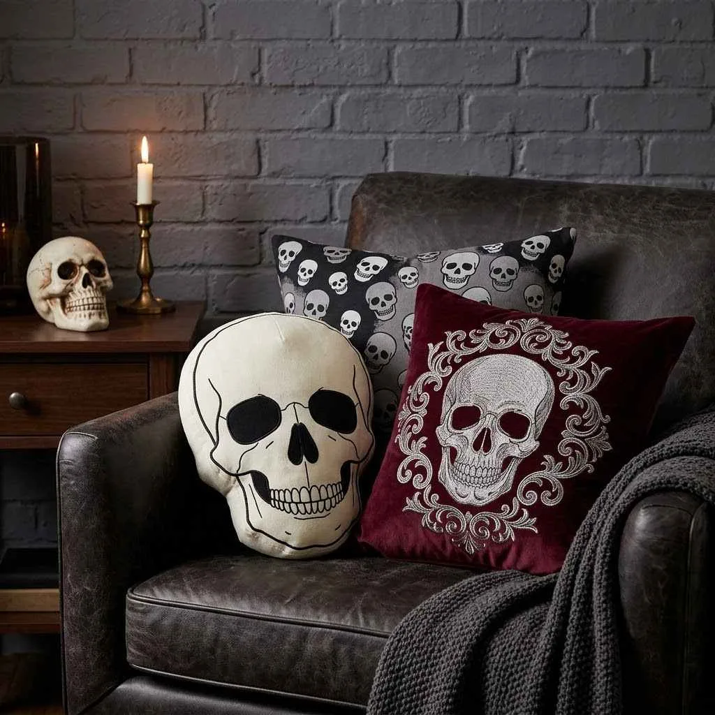15 Spooky Bedroom Decor Ideas to Transform Your Space 3 2. Skull-Themed Accent Pillows
