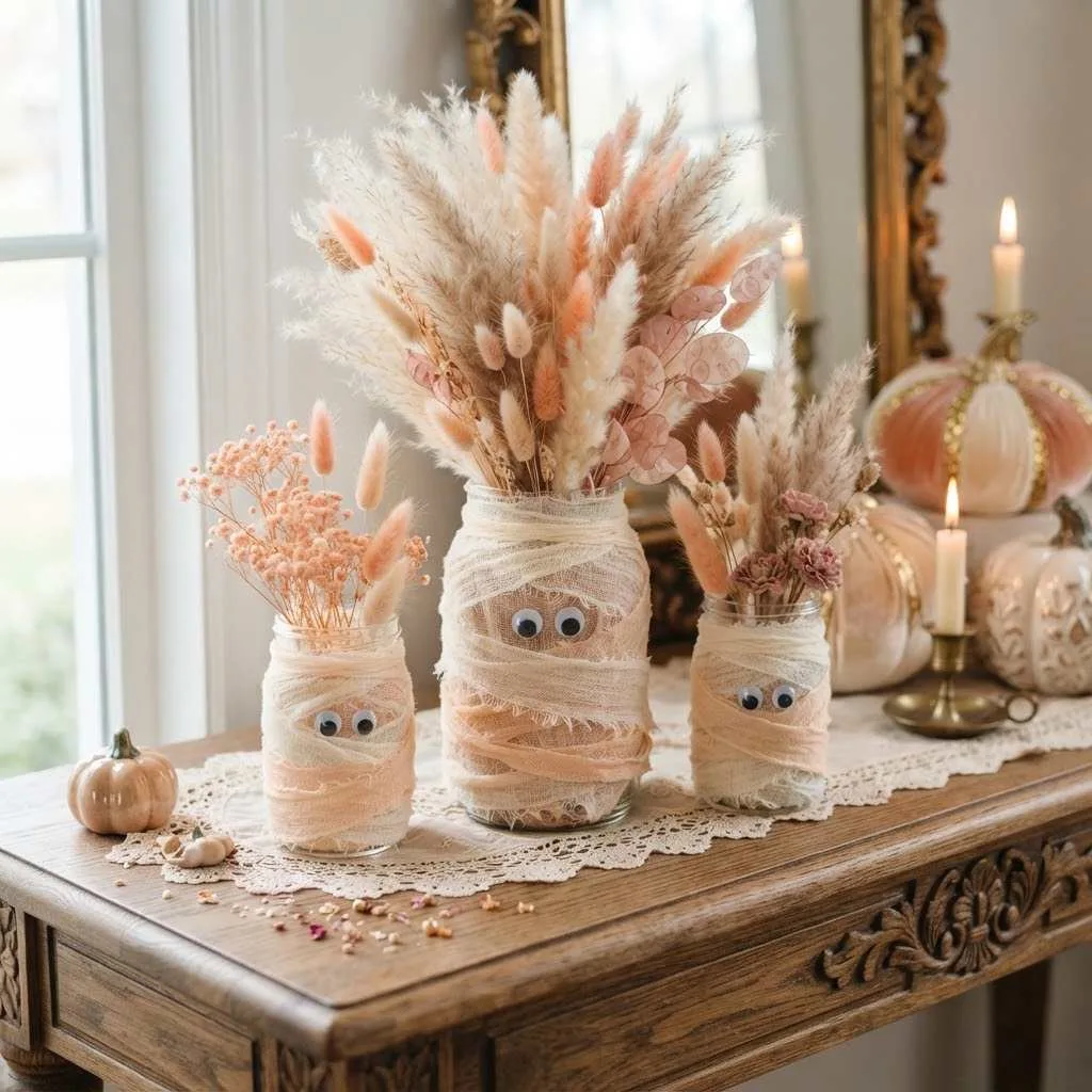14 Dreamy Pastel Halloween Decor Ideas You'll Absolutely Love 14 Soft Peach Mummy Vases