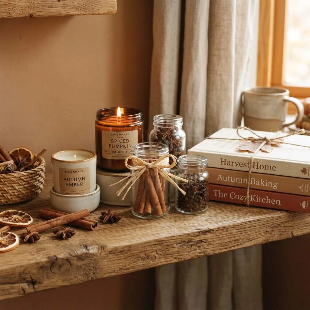 15 Fall Shelf Styling Ideas to Cozy Up Your Home This Season 10 9. Spiced Candle and Jar Station