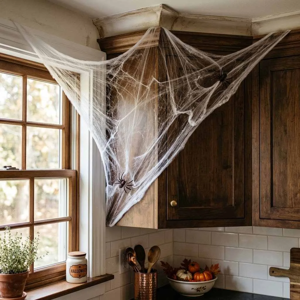 15 Halloween Kitchen Decor Ideas to Try This Year 4 3. Spider Web Corner Curtains