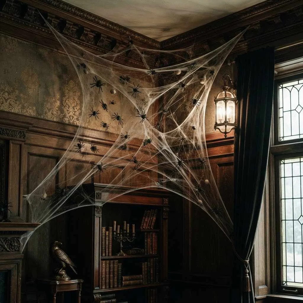 15 Halloween Dorm Room Decor Ideas That'll Make Your Room the Spookiest Spot on Campus 3 Spider Web Netting Across Corners