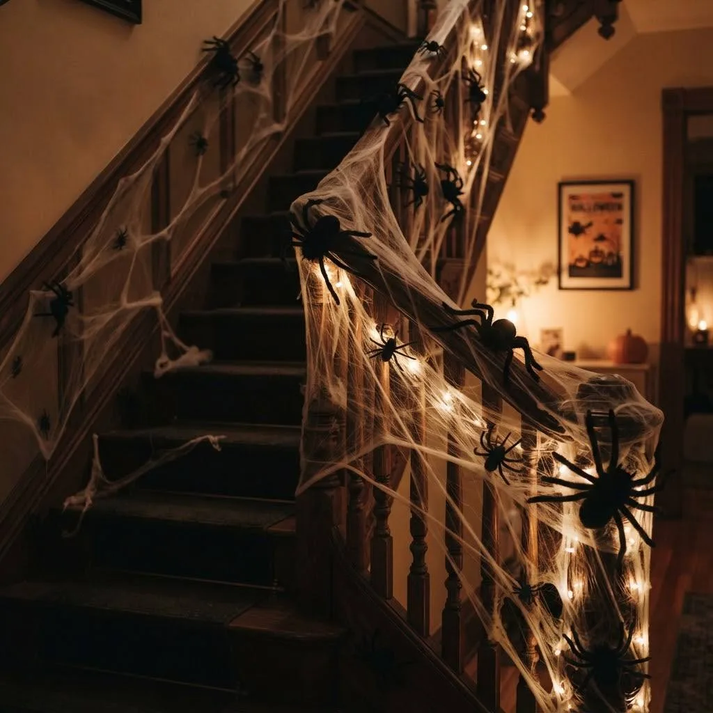 15 Halloween Staircase Decor Ideas That Will Steal the Show 2 Halloween Staircase Decor Ideas 1. Spiderweb Banister Wraps