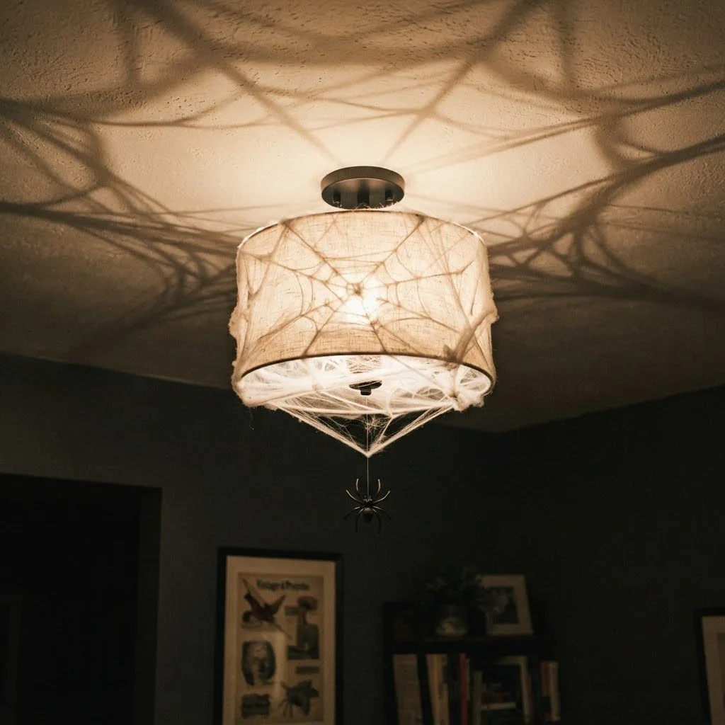 15 Halloween Living Room Decor Ideas 15 14. Spiderweb Light Fixture Wrap