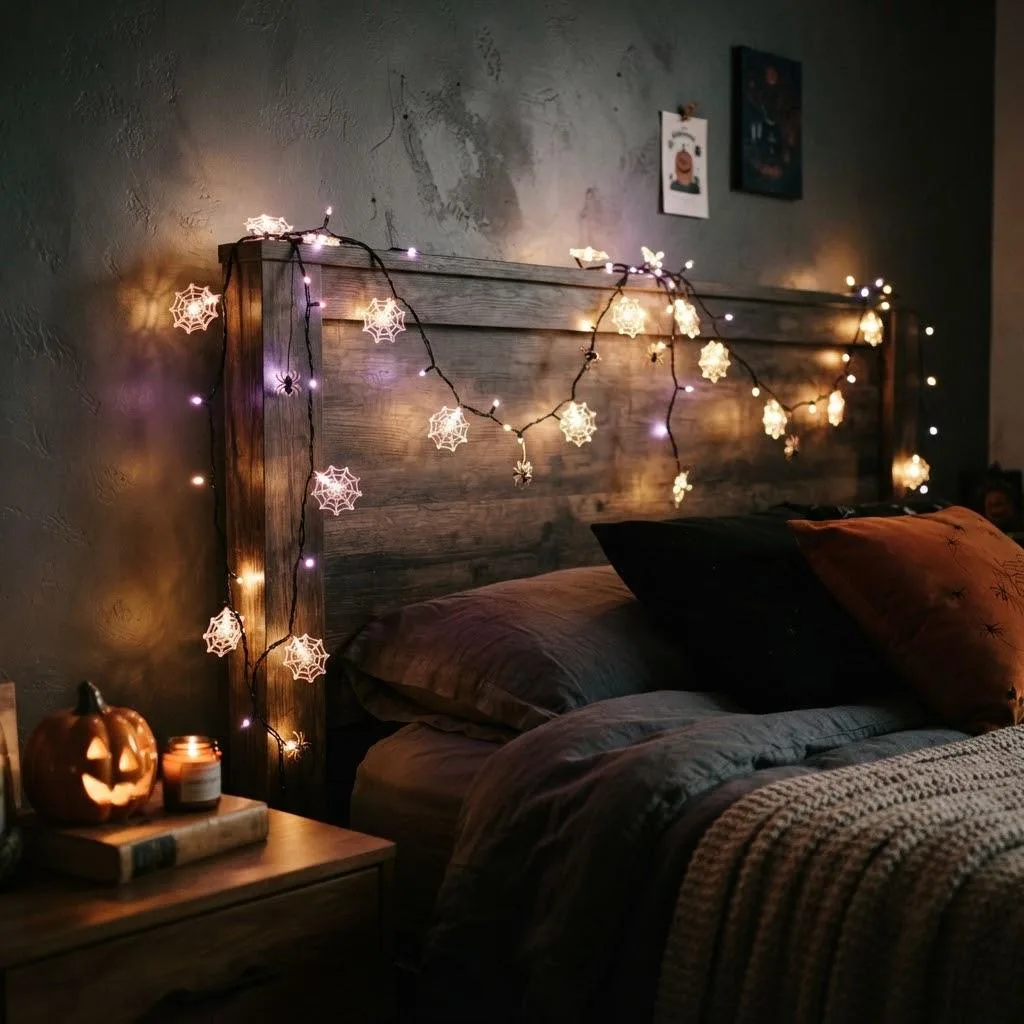 15 Spooky Bedroom Decor Ideas to Transform Your Space 14 13. Spiderweb String Lights