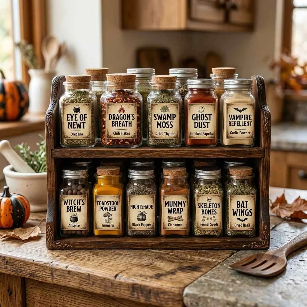 15 Halloween Kitchen Decor Ideas to Try This Year 12 11. Spooky Spice Rack Makeover