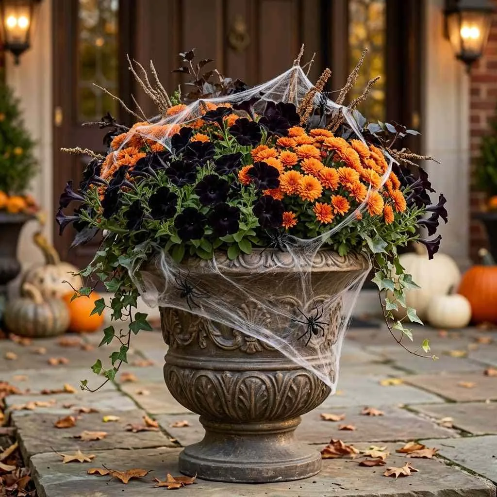 15 Fall Planter Ideas to Cozy Up Your Porch This Season 14 Spooky Spider Web Pot
