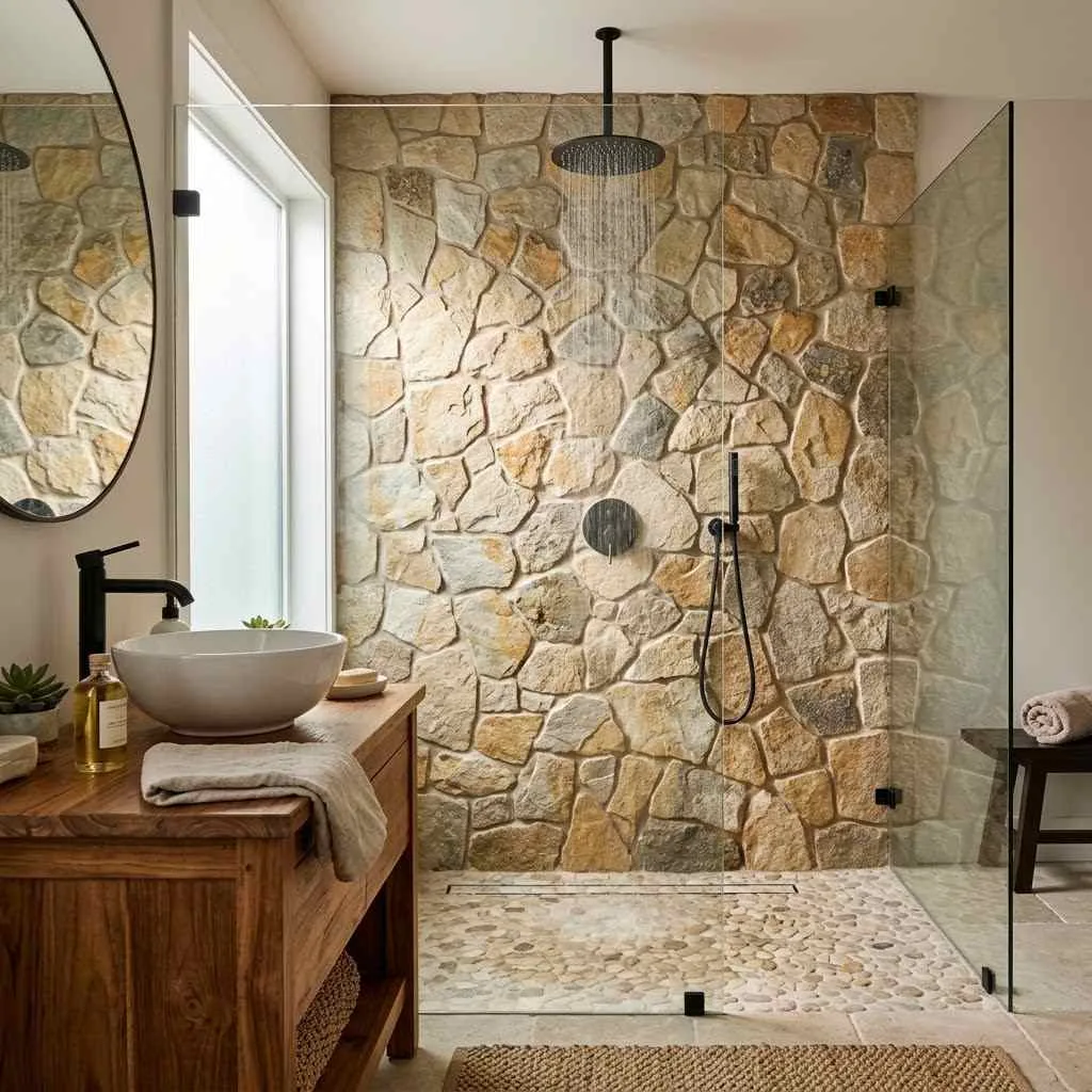 11. Stone Bathroom Shower Wall