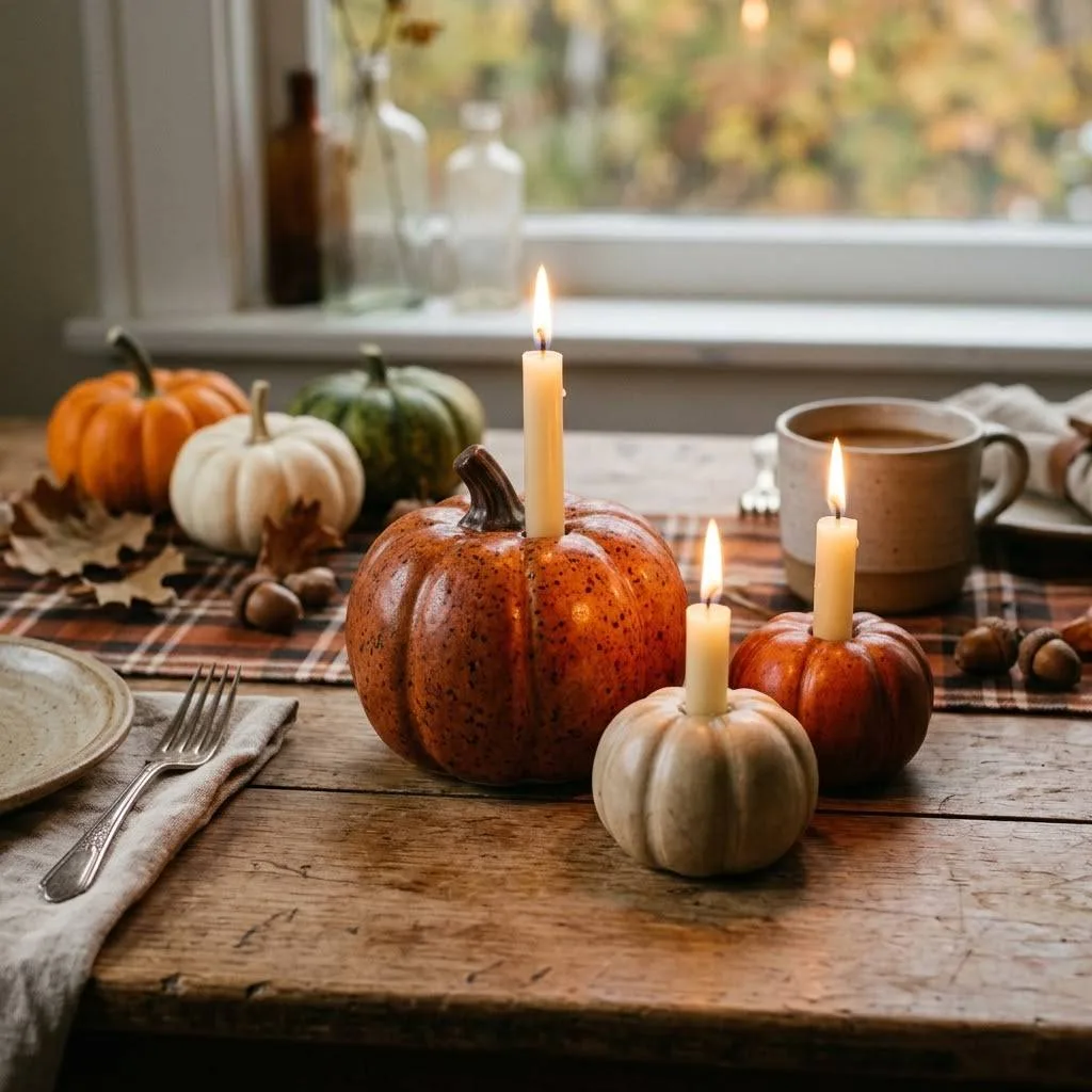 14 Stoneware Fall Decor Ideas to Cozy Up Your Home 5 Stoneware Pumpkin Spice Candle Holders