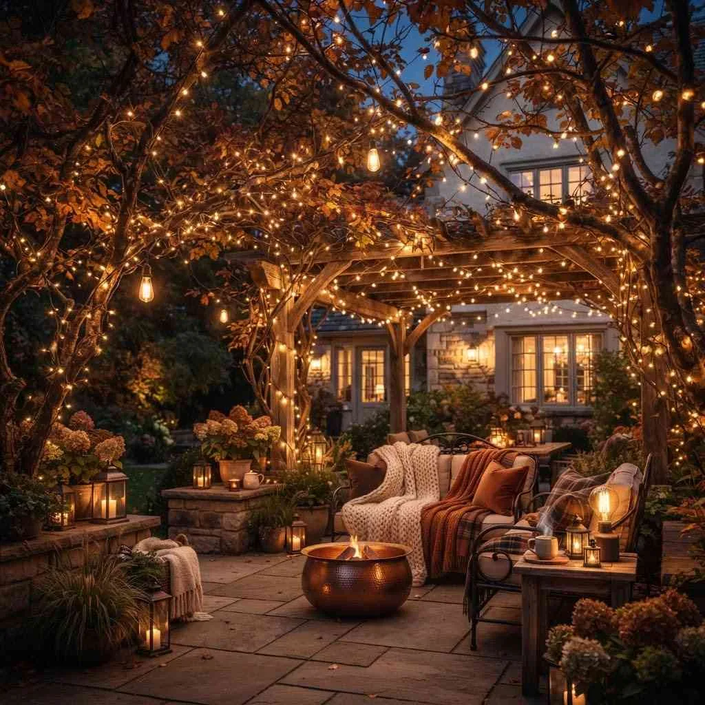 15 Fall Outdoor Decor Ideas to Transform Your Porch and Yard 7 String Lights Woven Through Branches