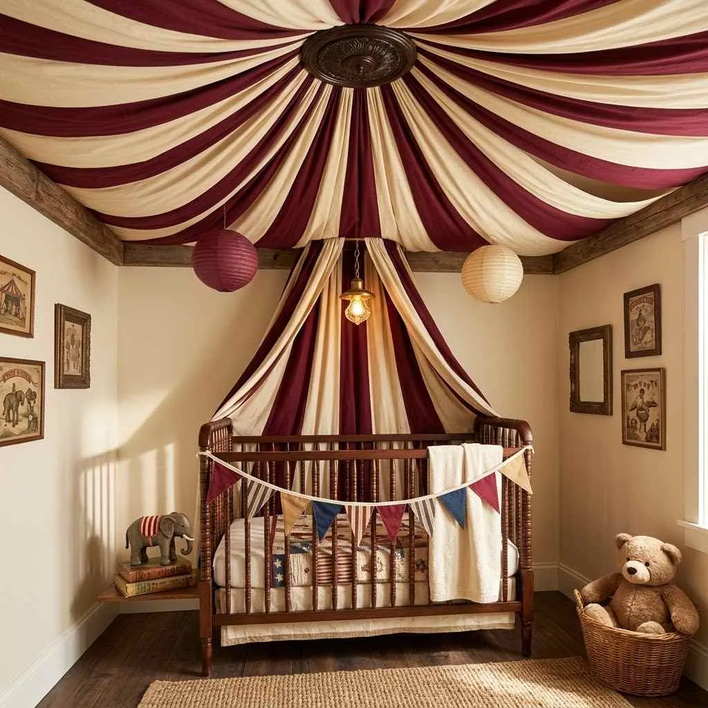 15 Halloween Nursery Decor Ideas: Castlecore & Circus Vibes Your Baby Will Love 3 2. Striped Circus Tent Ceiling Drape