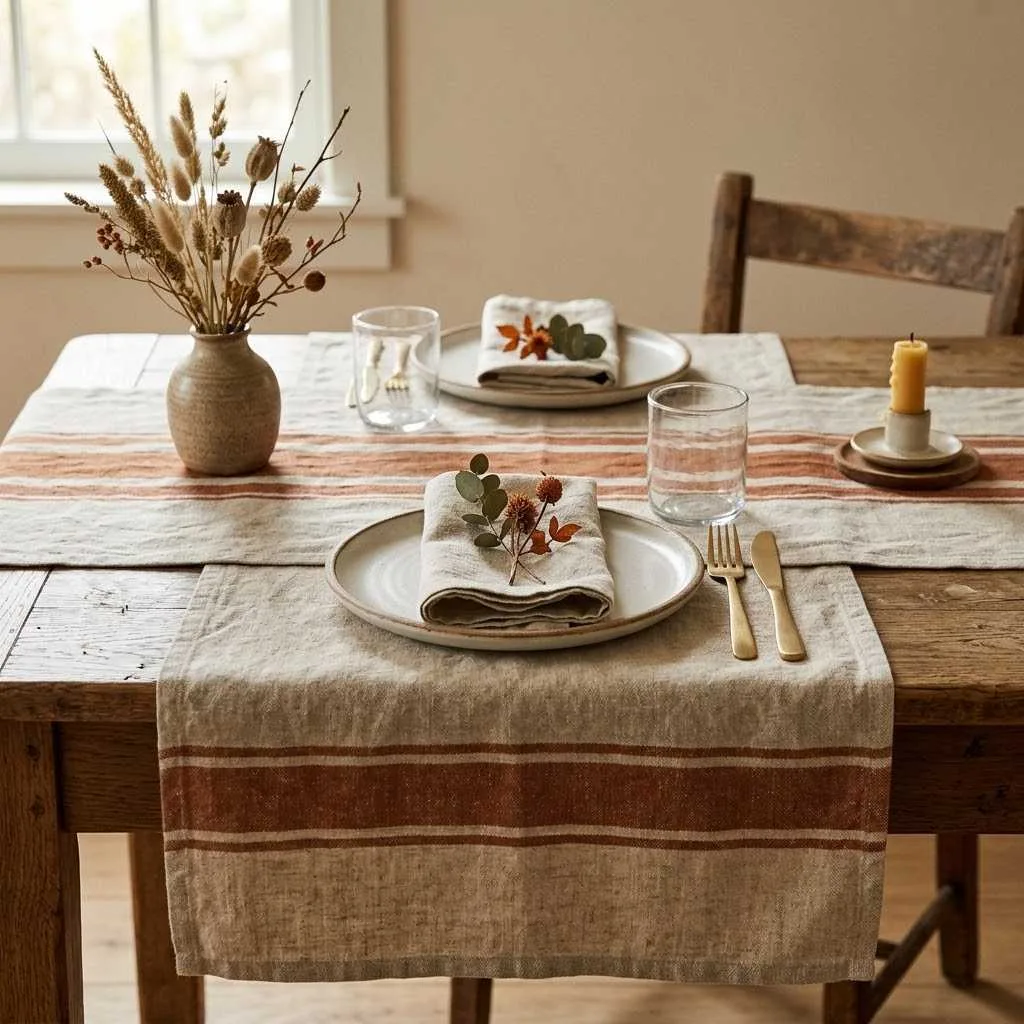 15 Beautiful Linen Table Runner Ideas to Transform Your Fall Table 6 Striped Natural and Rust Linen