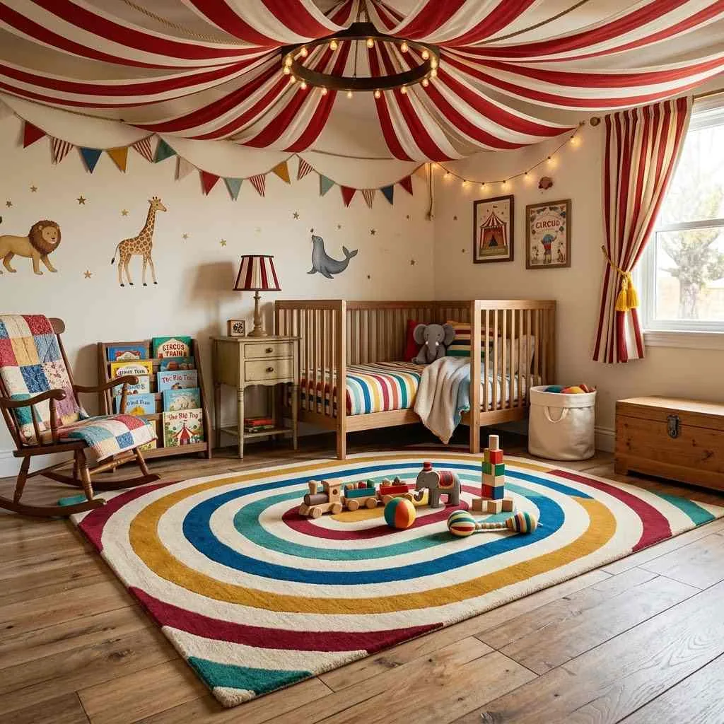 15 Halloween Nursery Decor Ideas: Castlecore & Circus Vibes Your Baby Will Love 13 12. Striped Rug in Circus Tent Colors