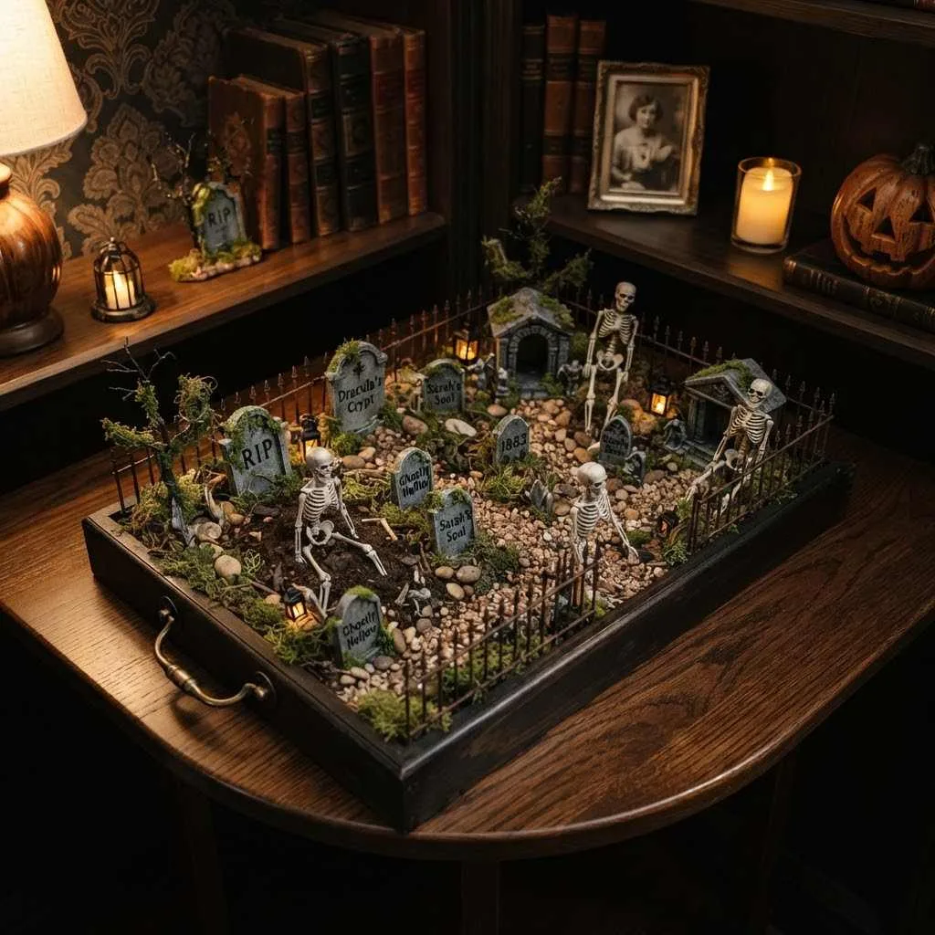 15 Halloween Dorm Room Decor Ideas That'll Make Your Room the Spookiest Spot on Campus 11 Tabletop Mini Graveyard Scene