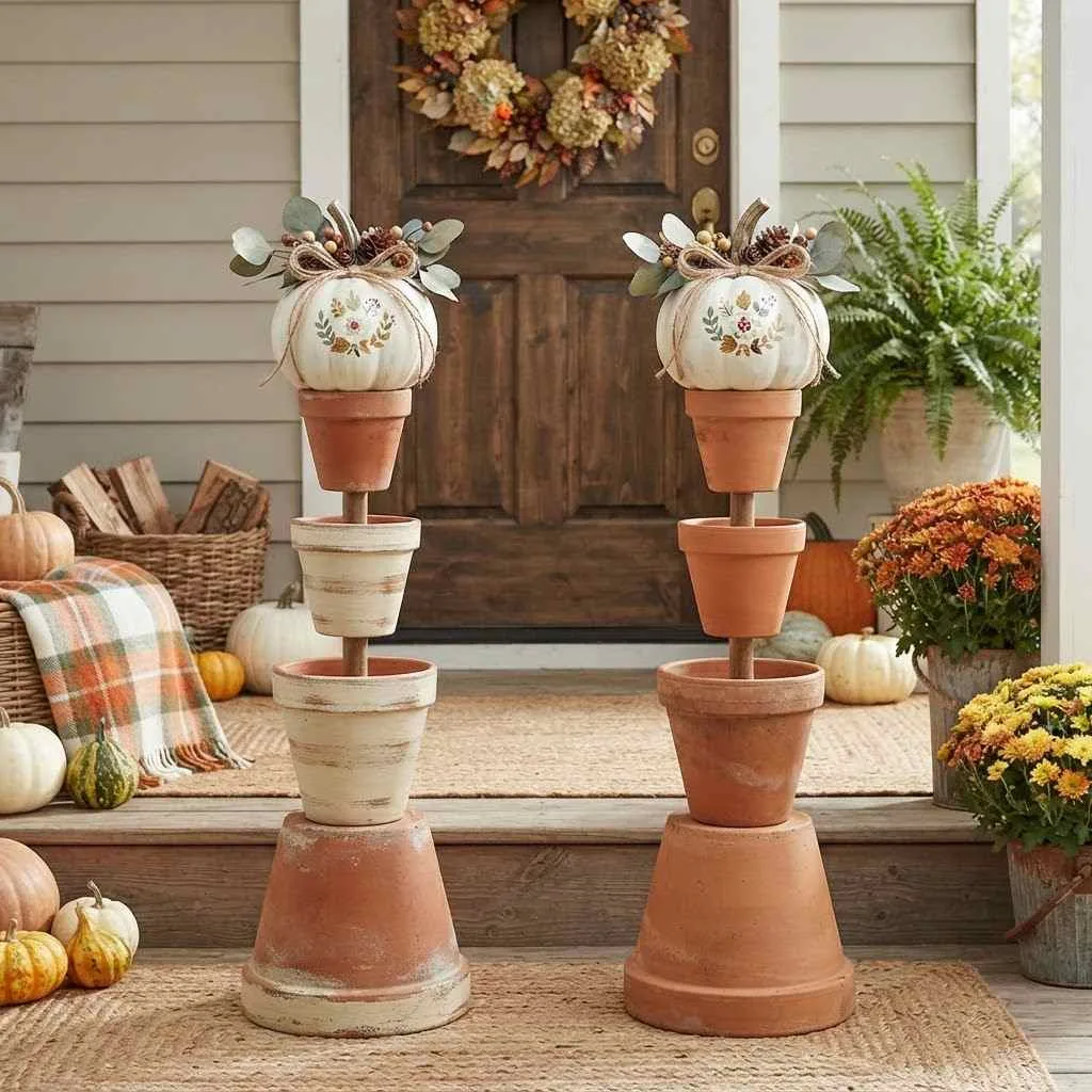 14 Terracotta Fall Decor Ideas to Warm Up Your Home This Season 14 13. Terracotta Pot Pumpkin Topiaries