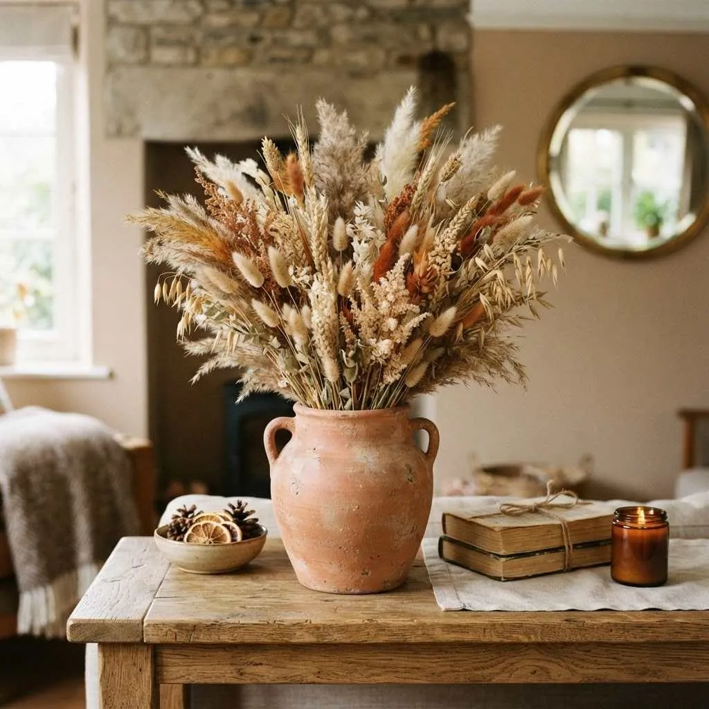 14 Terracotta Fall Decor Ideas to Warm Up Your Home This Season 5 4. Terracotta Vases with Dried Grasses