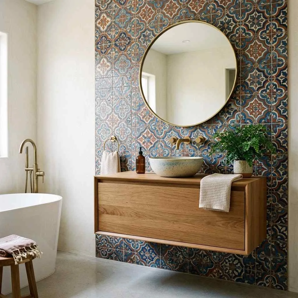 15 Bathroom Decor Ideas That'll Make You Fall in Love With Your Space 13 Try a Bold Tile Accent Wall compressed