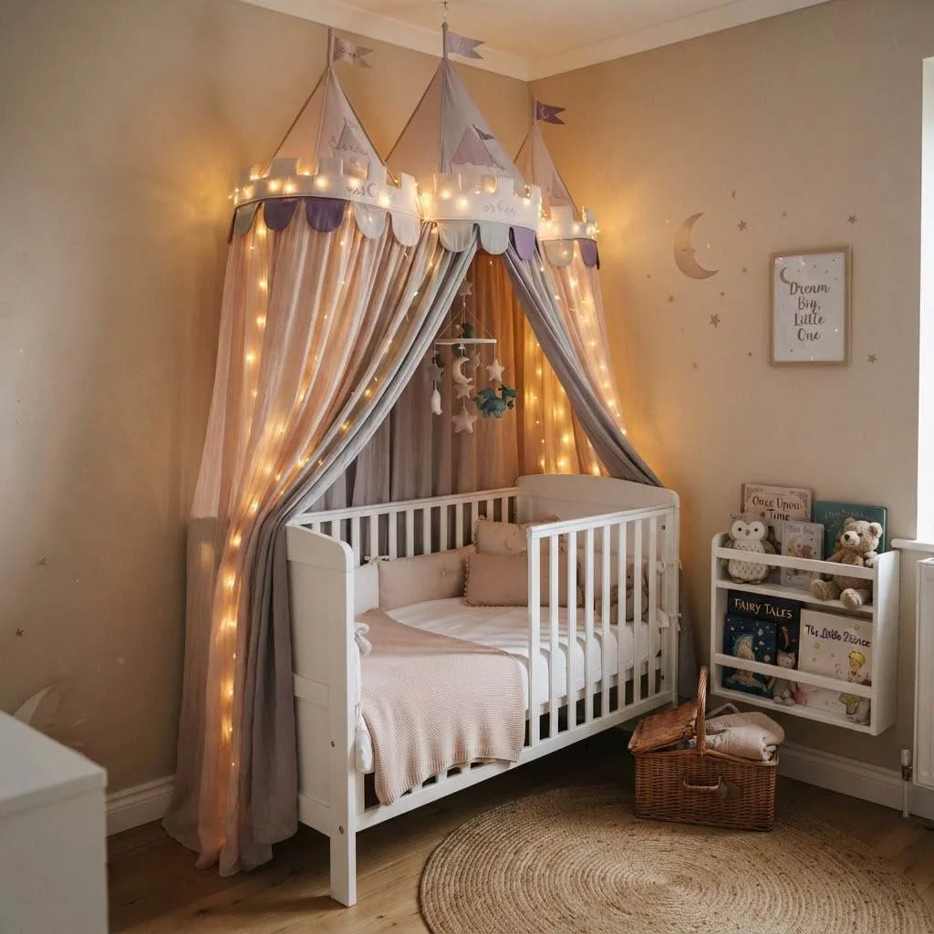 15 Halloween Nursery Decor Ideas: Castlecore & Circus Vibes Your Baby Will Love 2 1. Turreted Canopy Bed Corner