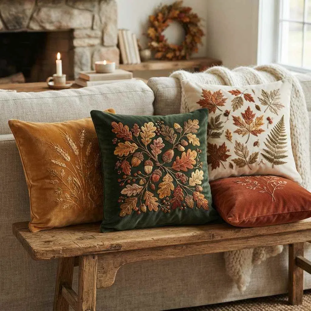 14 Velvet Pillow Fall Decor Ideas to Cozy Up Your Home 15 14. Velvet Pillows with Botanical Embroidery