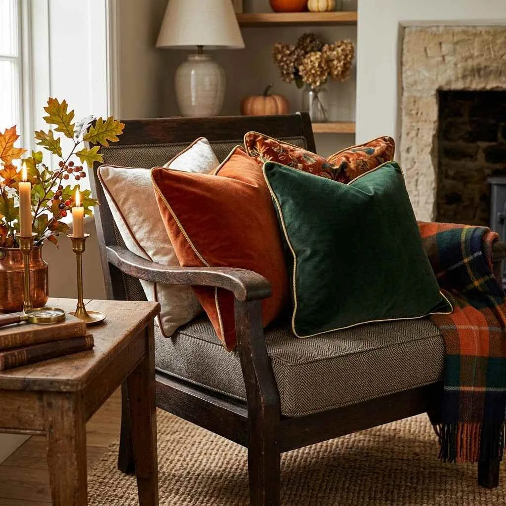 14 Velvet Pillow Fall Decor Ideas to Cozy Up Your Home 12 11. Velvet Pillows with Metallic Piping
