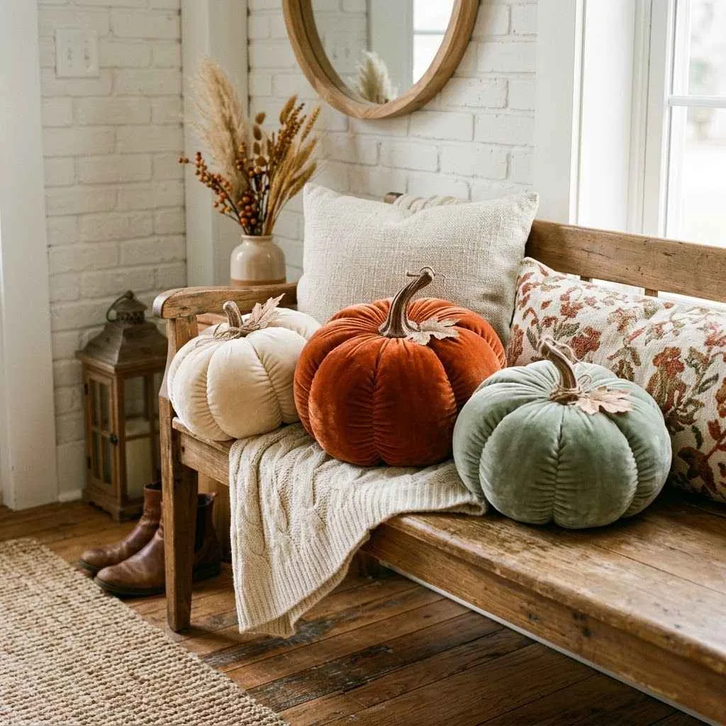 14 Velvet Pillow Fall Decor Ideas to Cozy Up Your Home 14 13. Velvet Pumpkin-Shaped Pillows