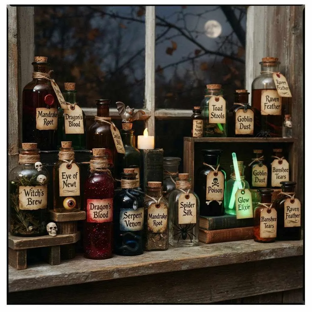 15 Spook-tacular Halloween Window Decor Ideas You'll Love 6 5. Vintage Apothecary Bottle Row