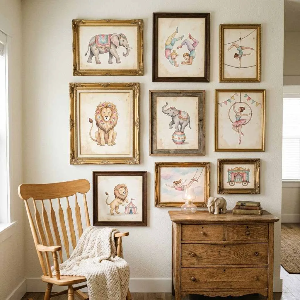 15 Halloween Nursery Decor Ideas: Castlecore & Circus Vibes Your Baby Will Love 11 10. Vintage Circus Poster Gallery Wall