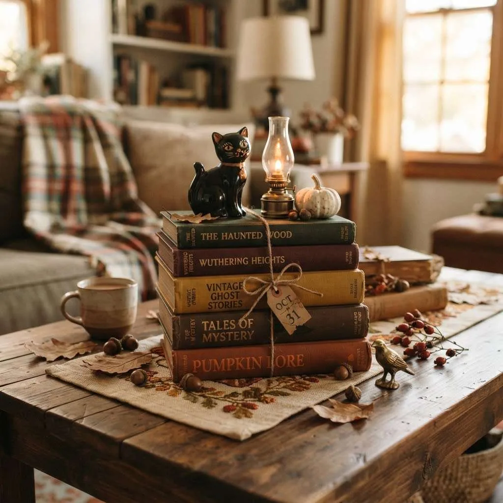 4. Vintage Halloween Book Stack Centerpiece