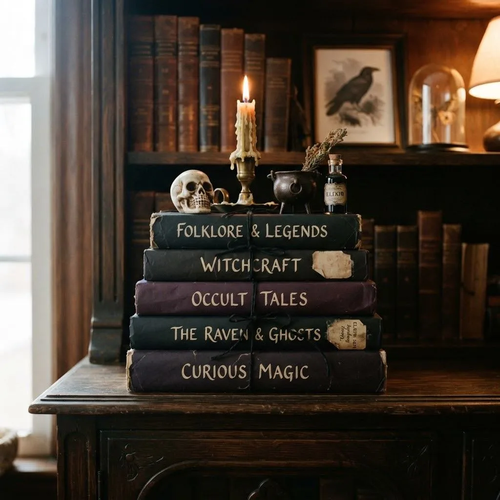 15 Halloween Living Room Decor Ideas 7 6. Vintage Halloween Book Stack