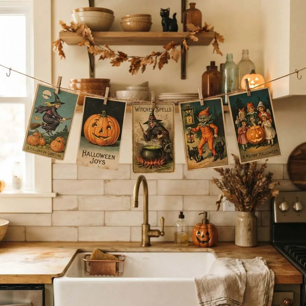 15 Halloween Kitchen Decor Ideas to Try This Year 16 15. Vintage Halloween Postcard Display