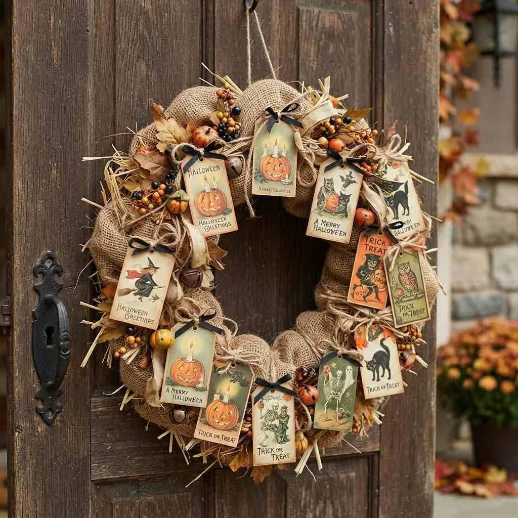14 Halloween Wreath Ideas to Transform Your Front Door 14 13. Vintage Halloween Postcard Wreath
