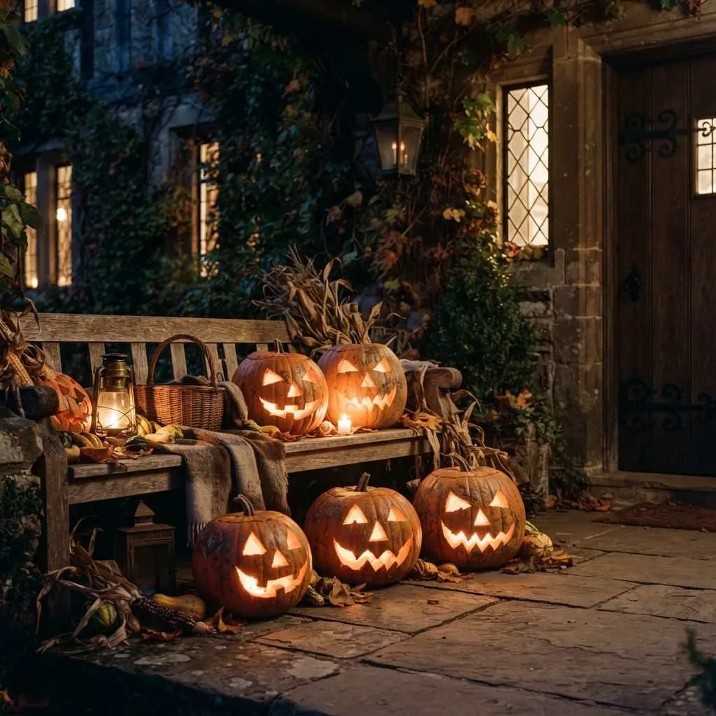 15 Vintage Halloween Decor Ideas to Bring Old-World Charm to Your Spooky Season 2 Antique Jack-O'-Lanterns with Hand-Carved Faces