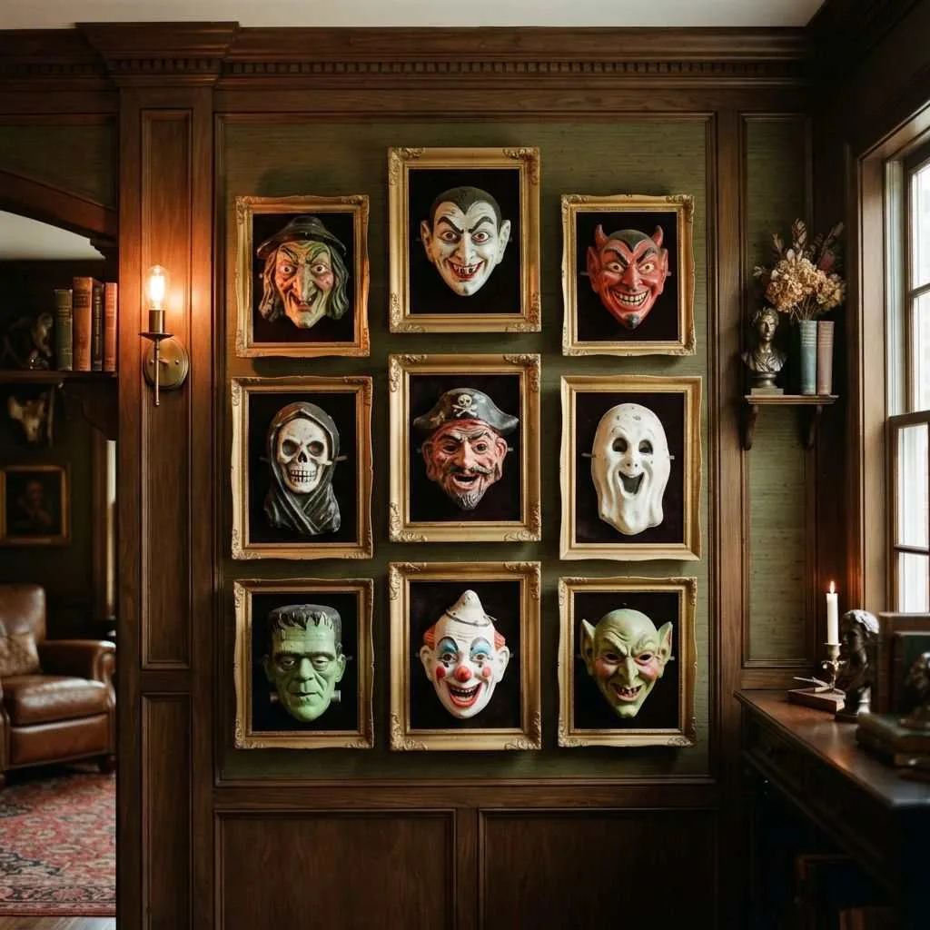 15 Vintage Halloween Decor Ideas to Bring Old-World Charm to Your Spooky Season 16 Antique Halloween Masks as Wall Art