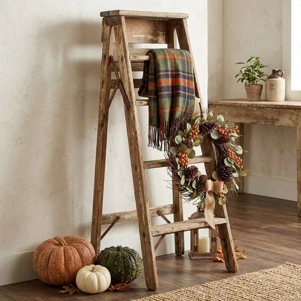 14 Farmhouse Fall Decor Ideas to Cozy Up Your Home This Season 10 9. Vintage Ladder Leaning Decor